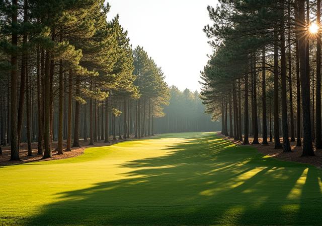 Fairway do Campo Pinhal rodeado por pinheiros altos e densos, com sol a espreitar através das árvores.