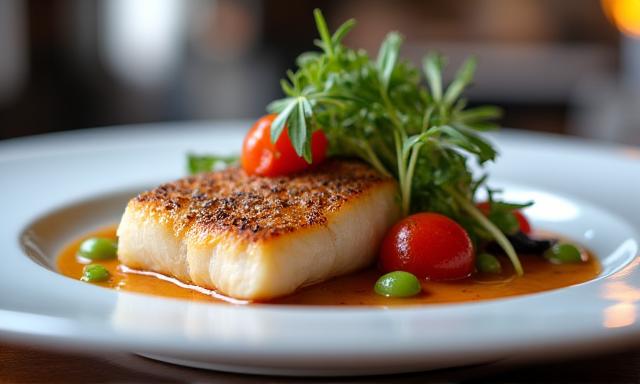Prato gourmet de peixe fresco com vegetais, servido numa apresentação artística no restaurante do clube de golfe.