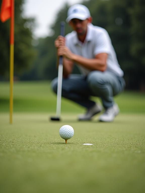 Homem concentrado a fazer um putt no green, com o buraco e a bandeira visíveis em primeiro plano.
